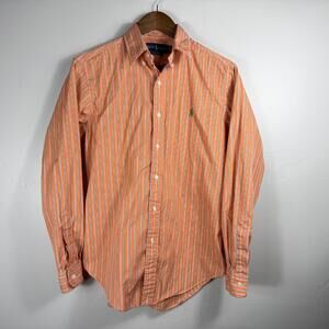 Ralph Lauren Classic Fit Orange Striped Button Down Shirt Mens Small Long Sleeve